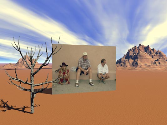 Myself, my son-in-law and my granddaughter take a break in Tombstone AZ in a digital photo taken by my wife Sally, landscape made in Bryce...assembled in Photoshop.-Smoke Break-©2002-C.E.Newland - Digital